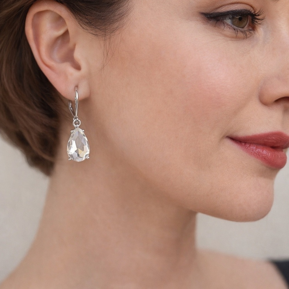 (R32) Napier Clear Crystal Teardrop Leverback Dangle Earrings Silver Tone